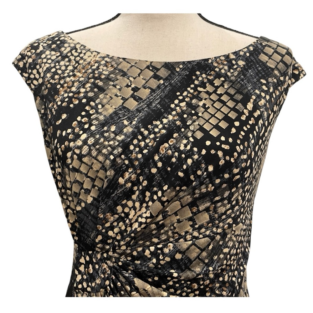 Connected Apparel Blue Black Tan Faux Wrap Dress - Picture 2 of 5